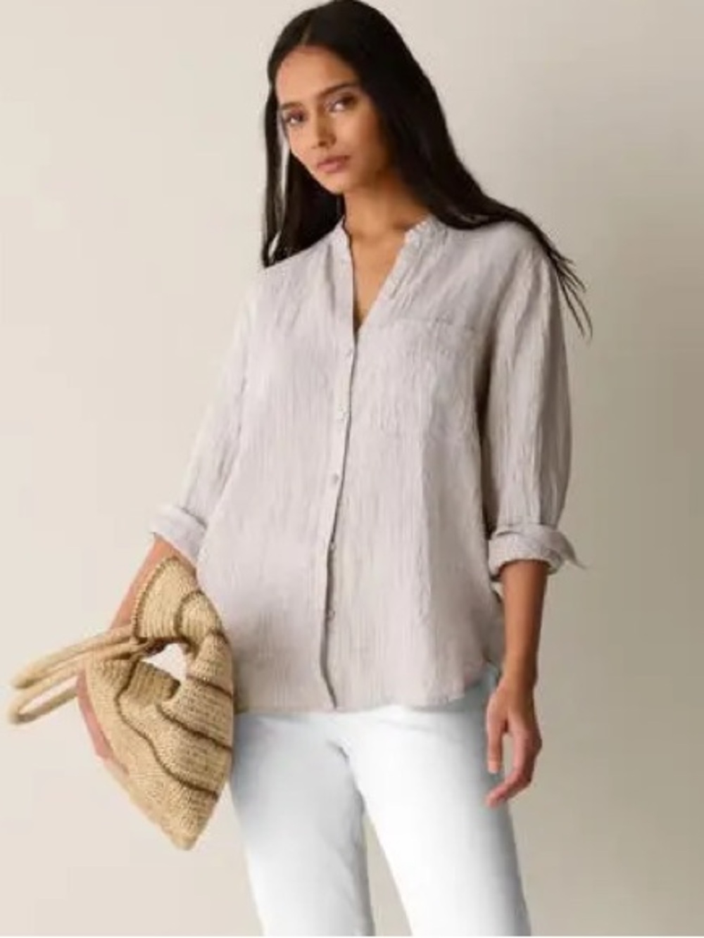Eileen Fisher Organic Linen Mandarin Collar Button-Up Shirt